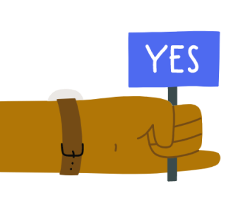 A hand holding a placard that reads "Yes"